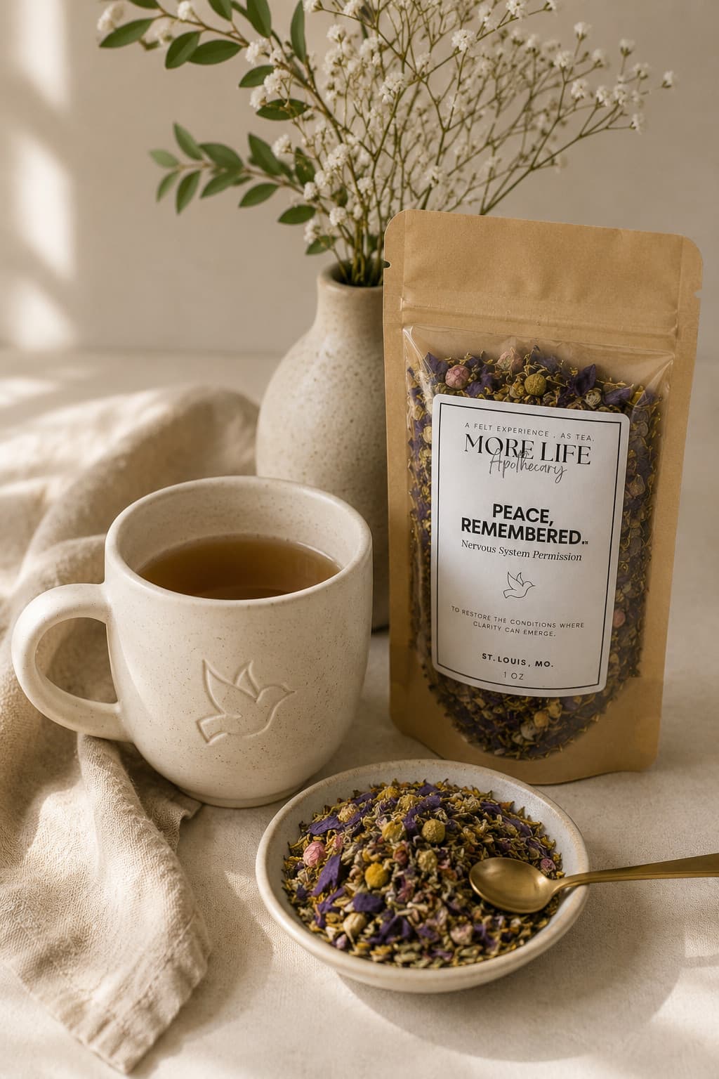 A cup of tea beside a pouch of Peace, Remembered and a dish of loose leaf