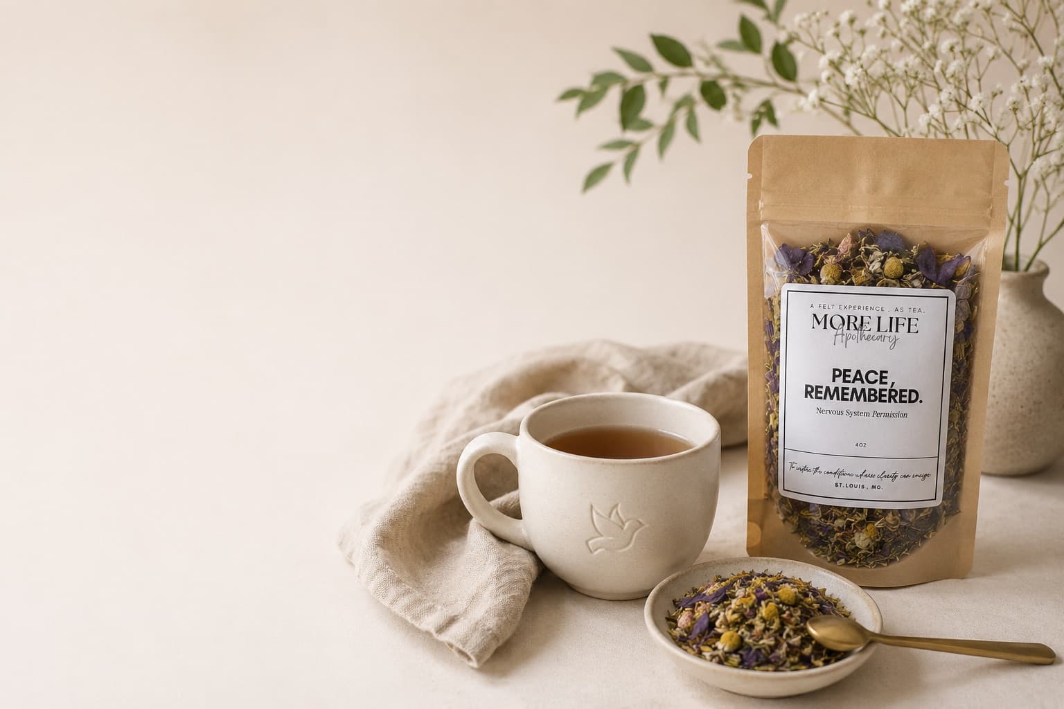 A cup of tea beside a pouch of Peace, Remembered and a dish of loose leaf