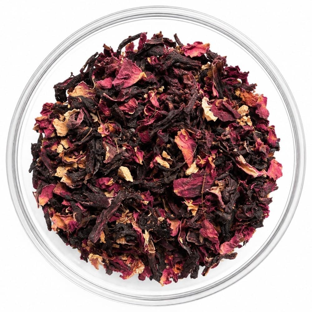 Begin Again™ loose-leaf blend in a glass bowl — dark hibiscus with rose and pale golden petals