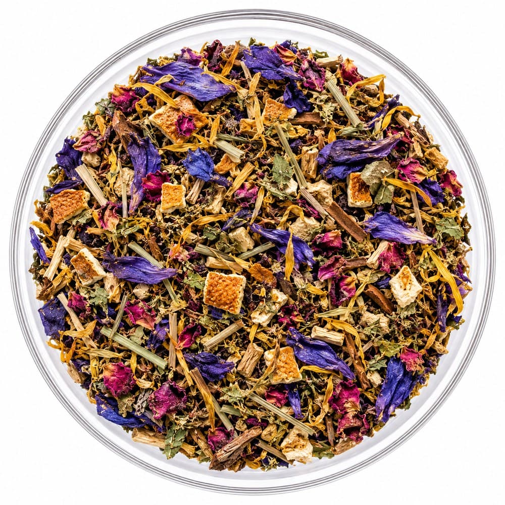 Homecoming™ loose-leaf blend in a glass bowl — blue and magenta petals with golden calendula, orange peel and lemongrass