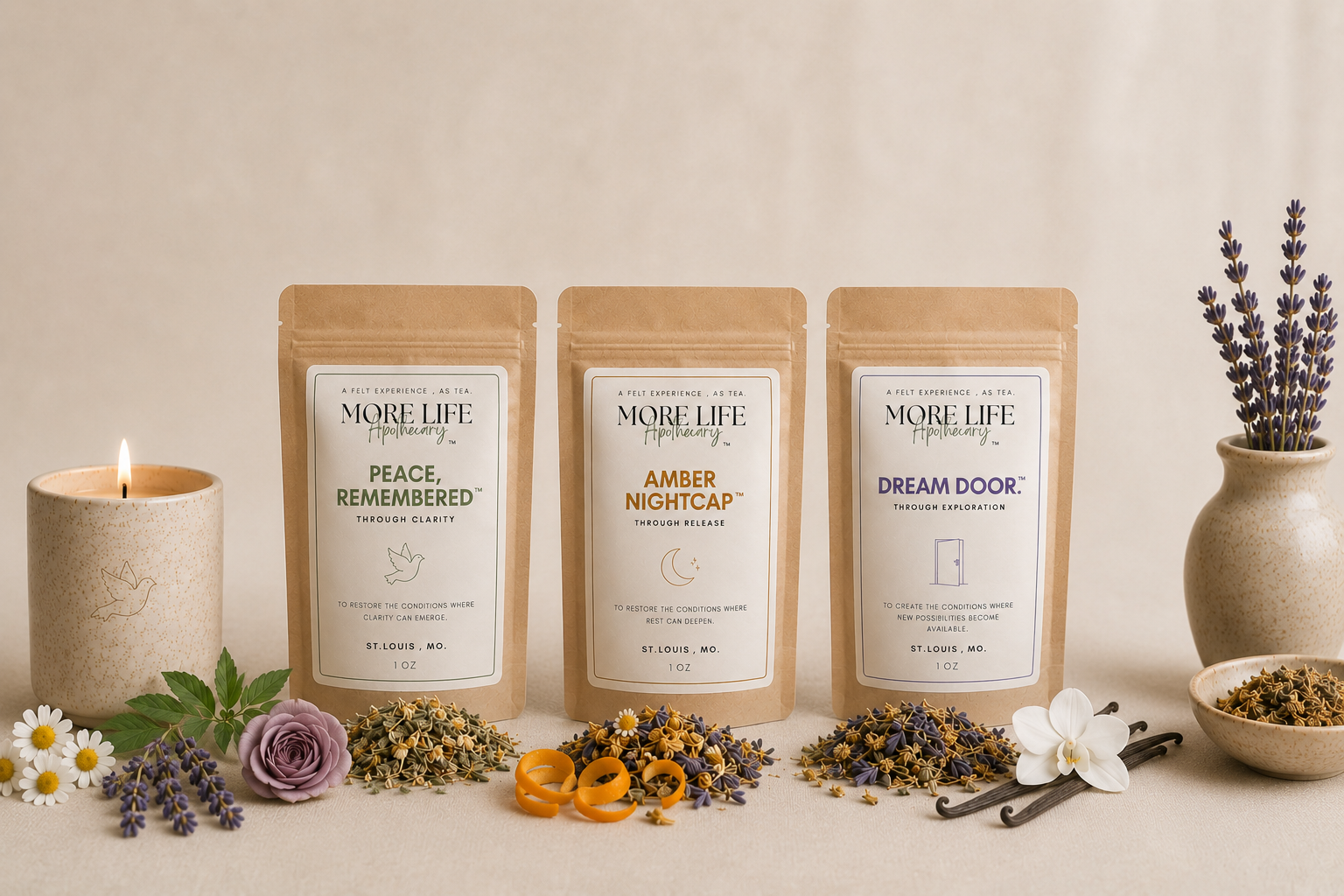 MoreLife Experience Box with Peace Remembered, Amber Nightcap, and Dream Door teas
